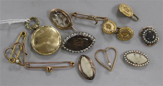 A small group of mainly 19th century jewellery including a mourning brooch with ivory panel, seed pearl clasp etc.